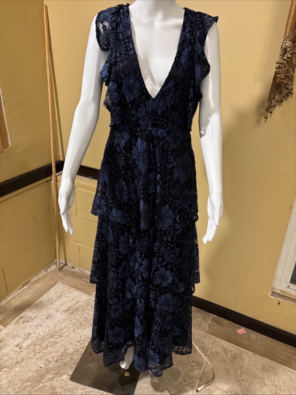 Lulu's Navy & Indigo Floral Lace Tiered V-Neck Maxi Dress - Picture 2 of 7